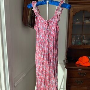 Japna Pink Floral Maxi Dress corset tie ruffle straps front slit